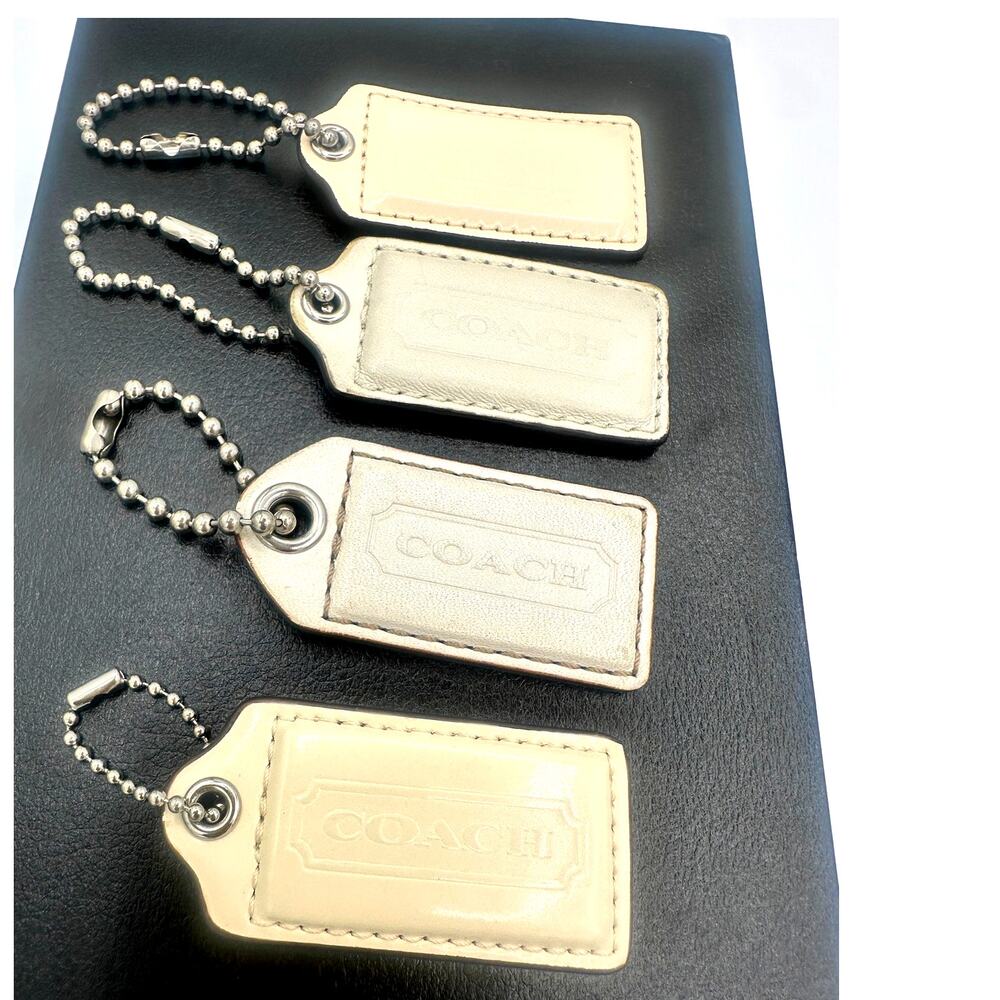 Lot of 4 Coach Ivory Cream Leather Hangtags Silver Chains Bag Tags Charm